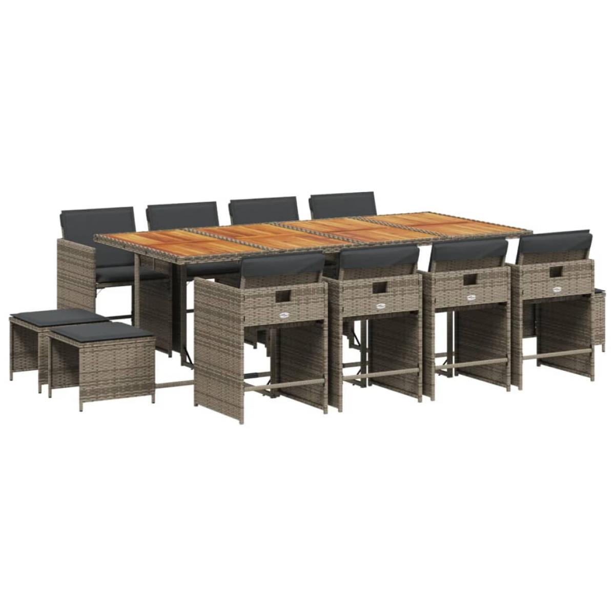 Set comedor de jardín con cojines 13 pzas ratán sintético gris