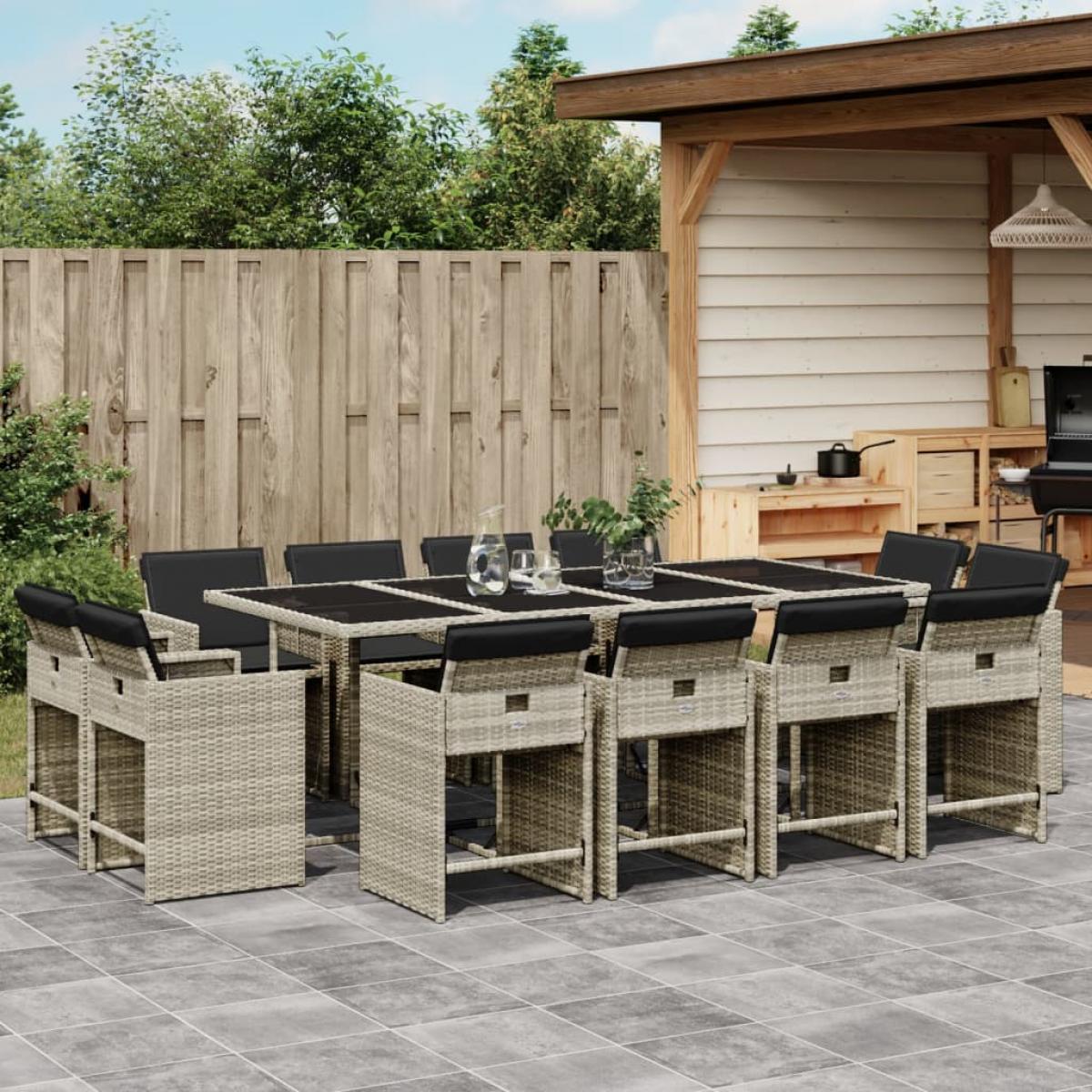 Set comedor jardín y cojines 13 pzas ratán sintético gris claro