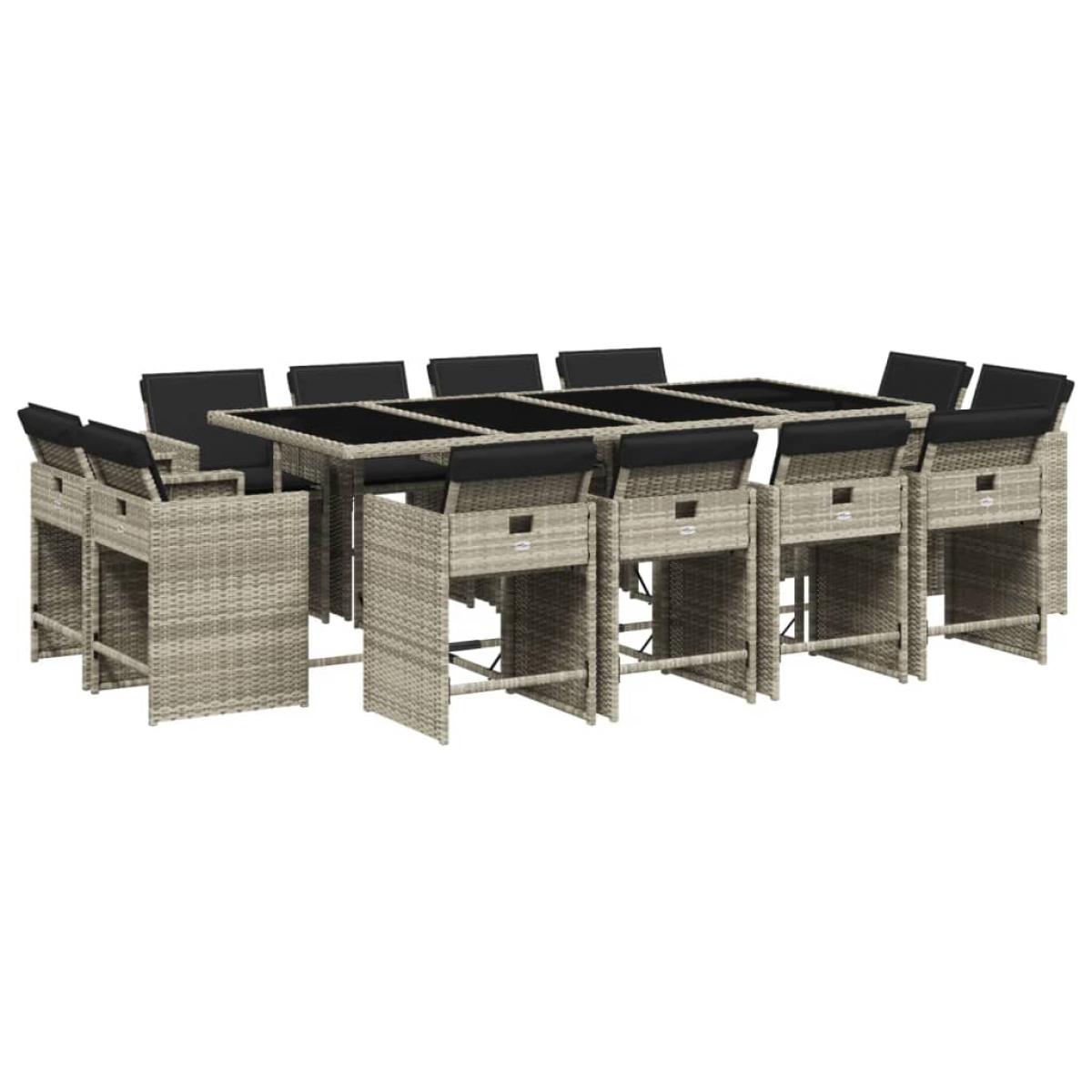 Set comedor jardín y cojines 13 pzas ratán sintético gris claro