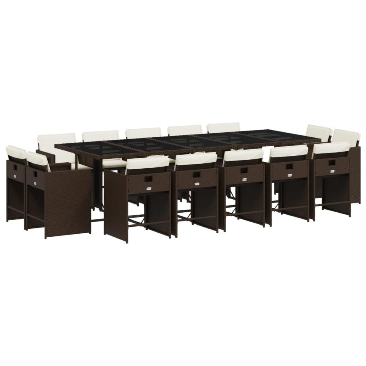 Set comedor de jardín y cojines 15 pzas ratán sintético marrón
