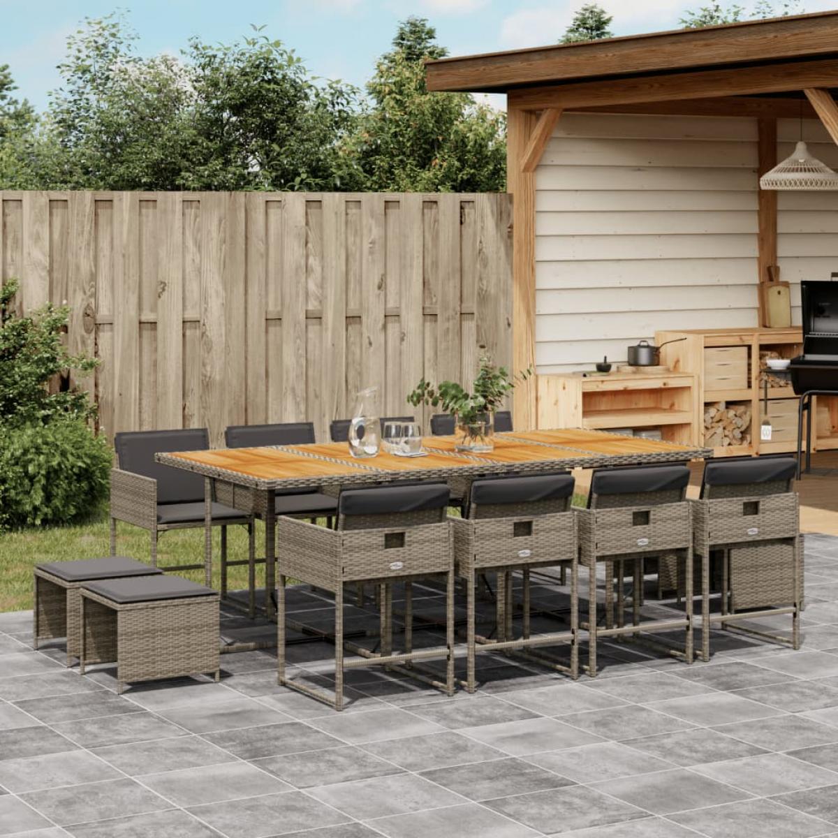 Set comedor de jardín con cojines 13 pzas ratán sintético gris