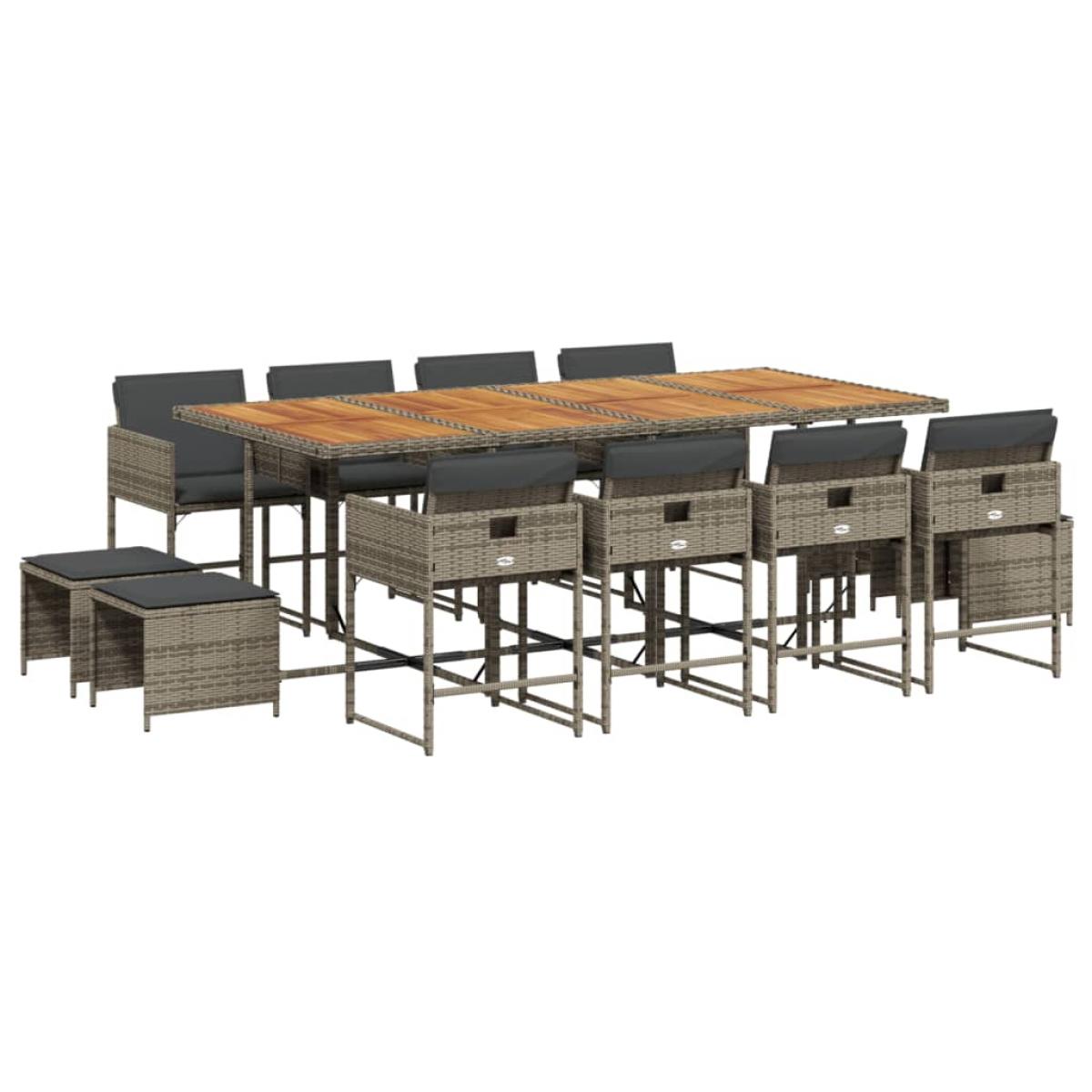 Set comedor de jardín con cojines 13 pzas ratán sintético gris
