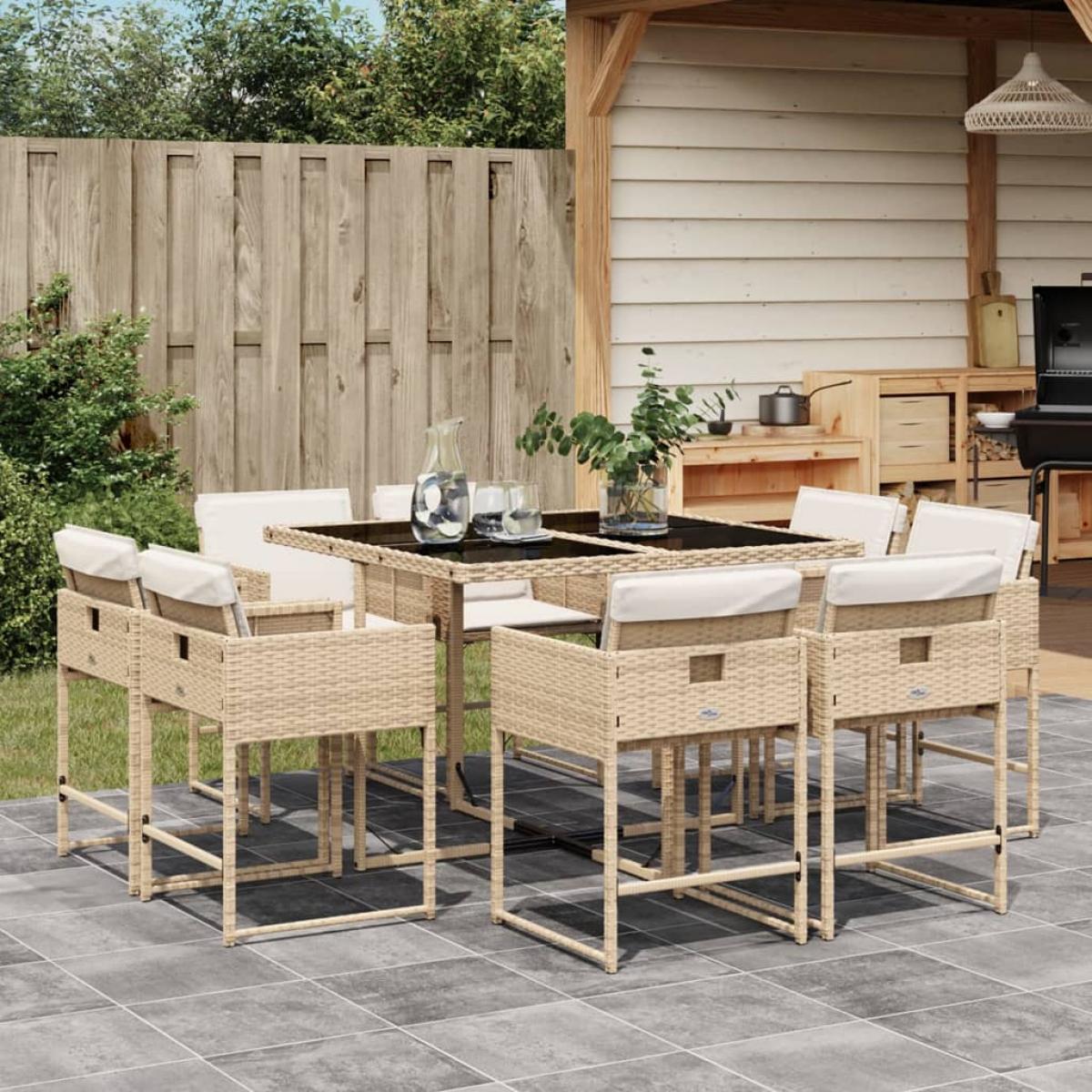 Set comedor de jardín 9 pzas con cojines ratán sintético beige