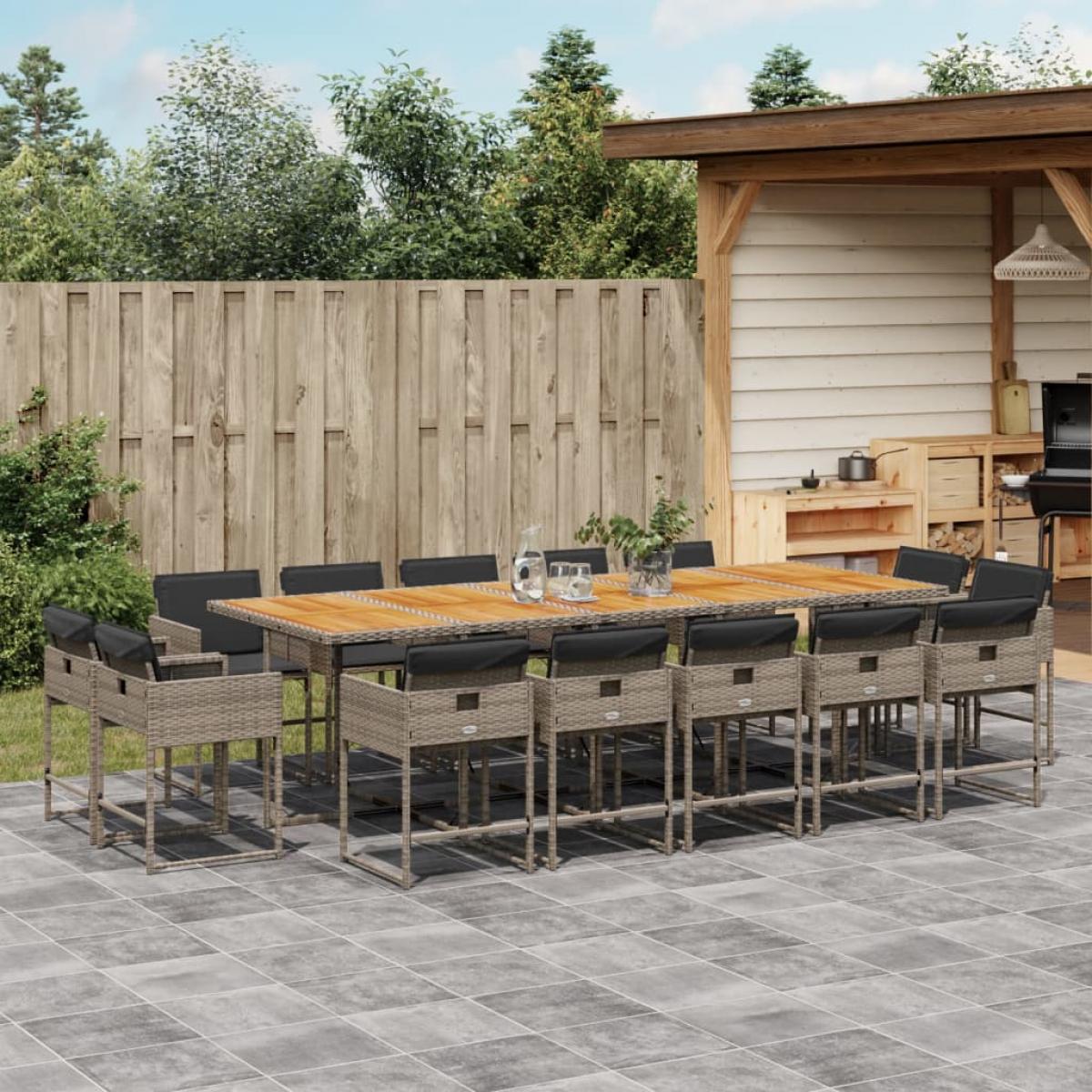 Set comedor de jardín con cojines 15 pzas ratán sintético gris