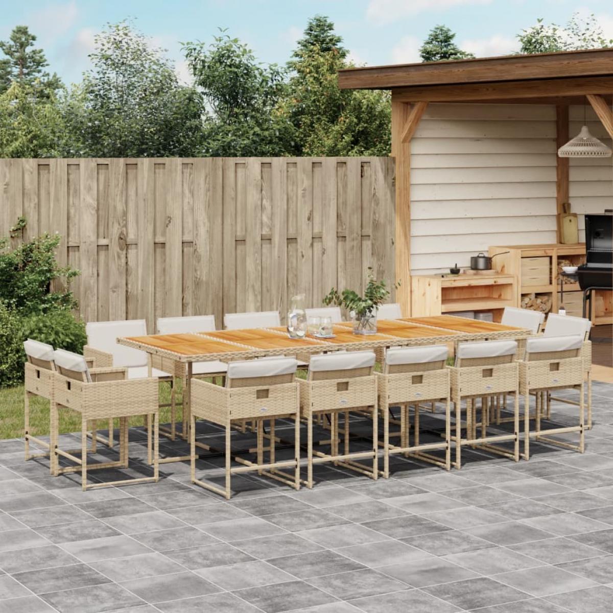 Set comedor de jardín con cojines 15 pzas ratán sintético beige