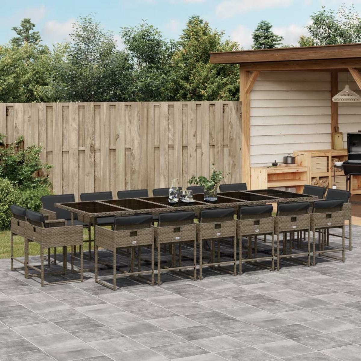 Set comedor de jardín 17 pzas y cojines ratán sintético gris