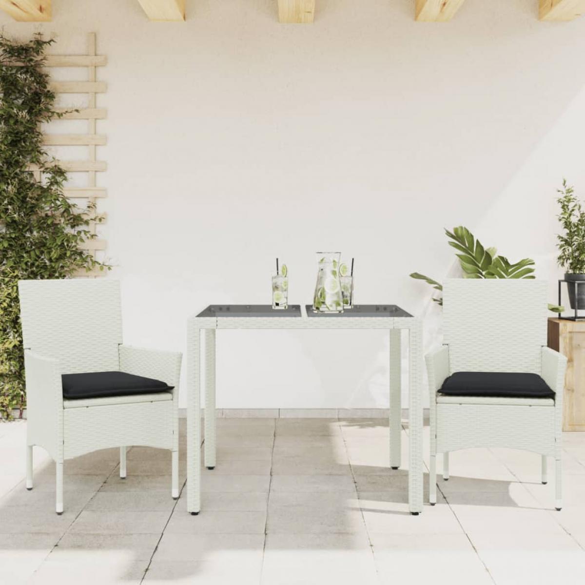 Set comedor jardín 3 pzas cojines ratán sintético vidrio blanco
