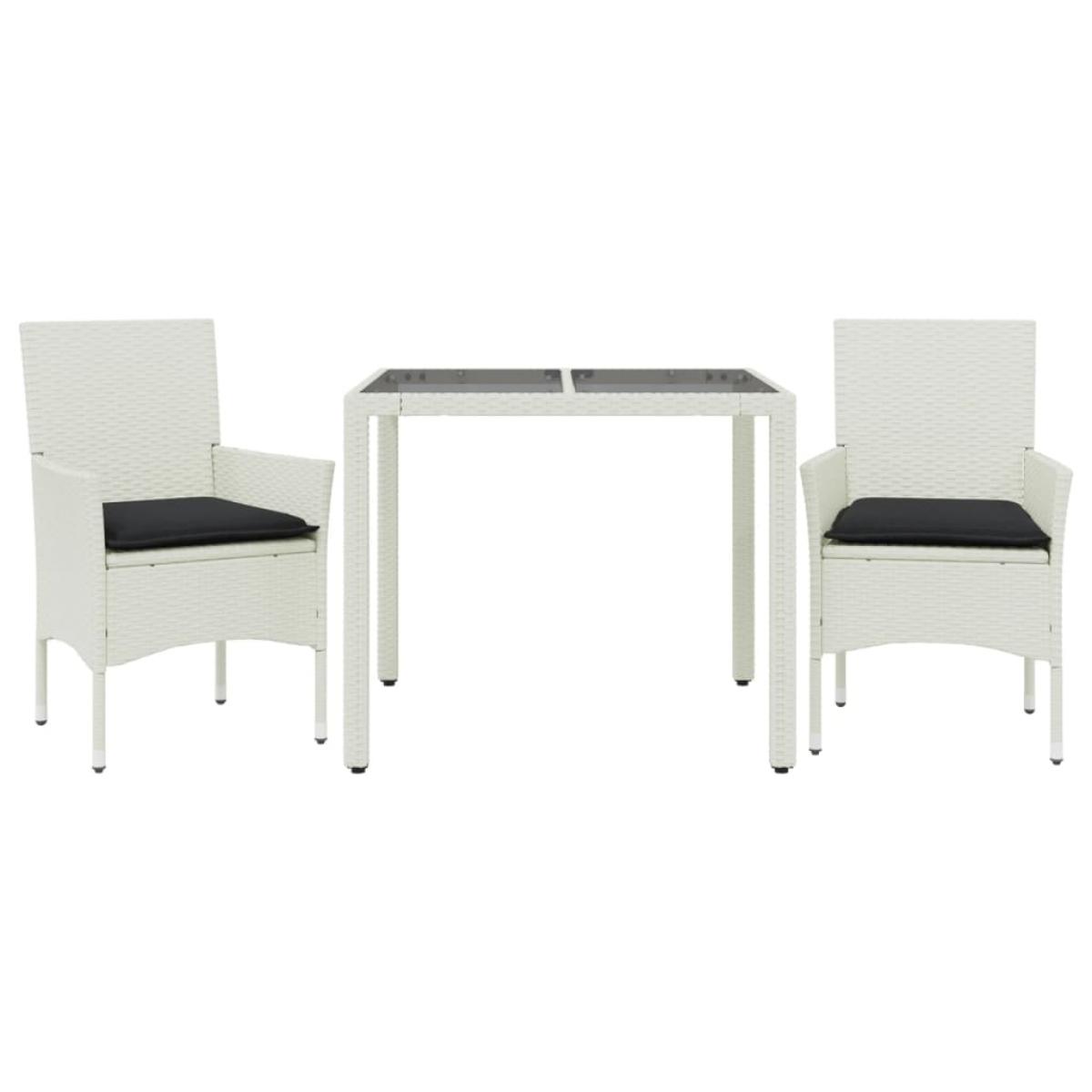 Set comedor jardín 3 pzas cojines ratán sintético vidrio blanco