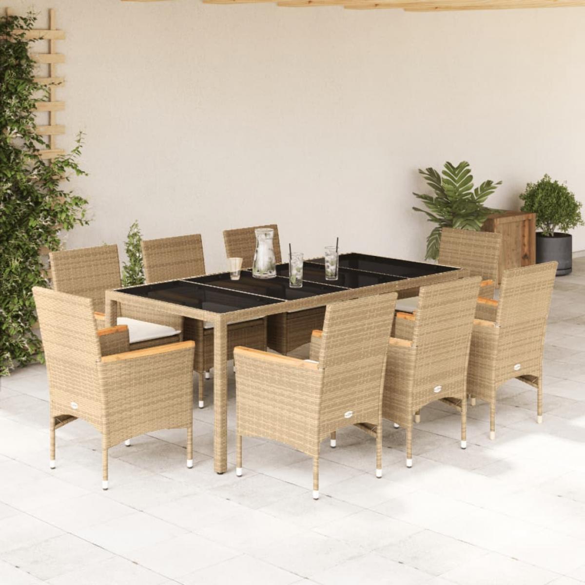 Set comedor jardín 9 pzas cojines ratán sintético vidrio beige