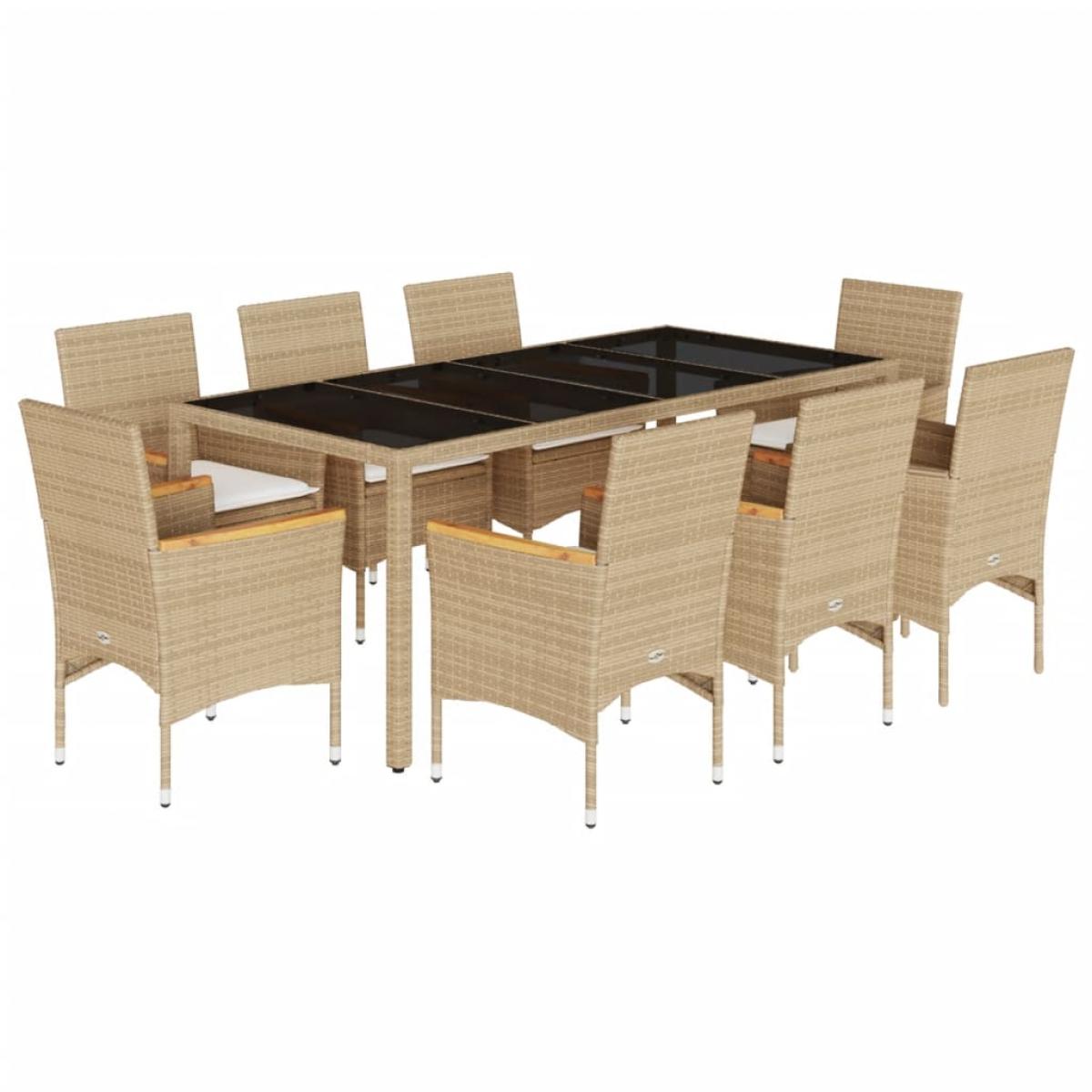 Set comedor jardín 9 pzas cojines ratán sintético vidrio beige