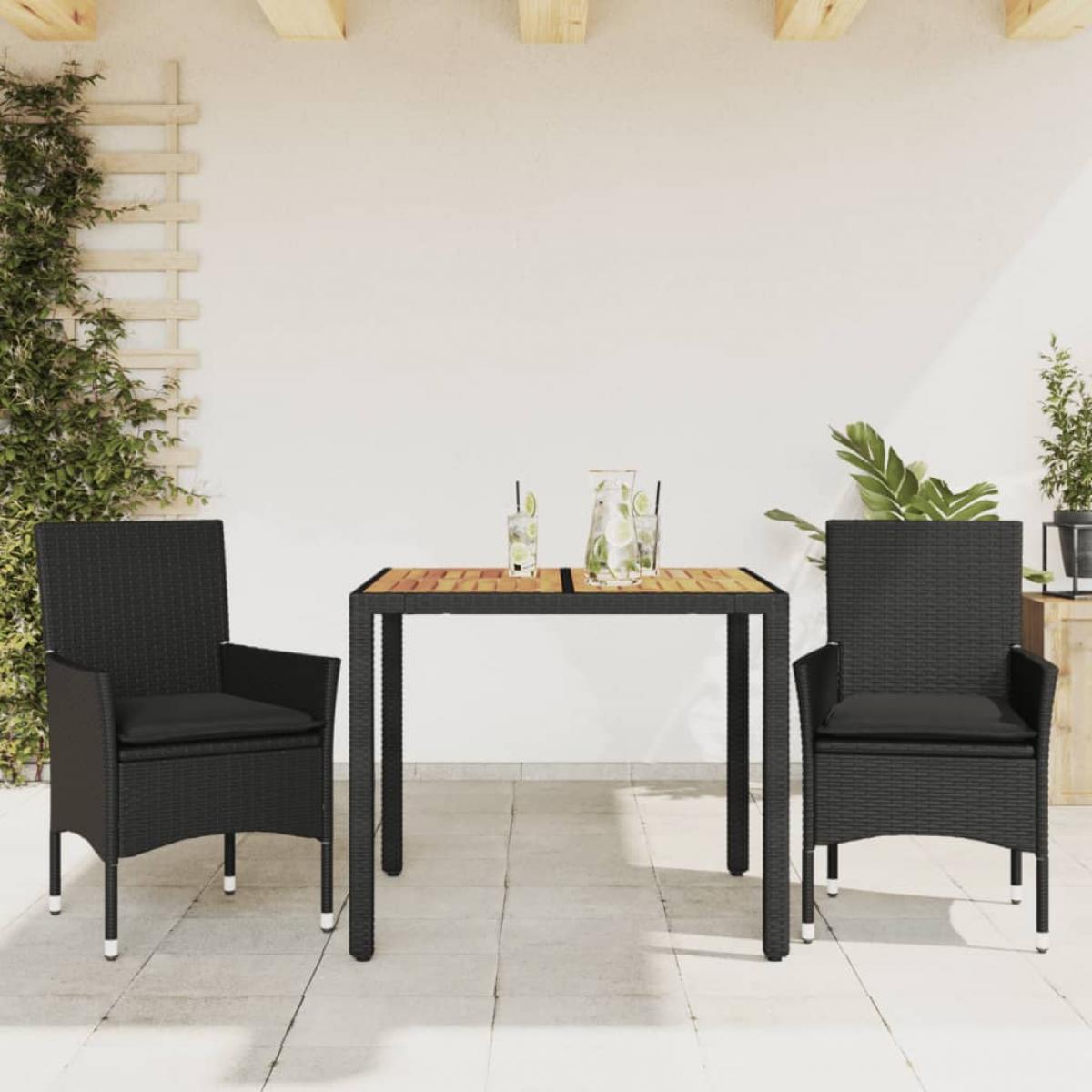 Set de comedor jardín 3 pzas con cojines ratán PE acacia negro