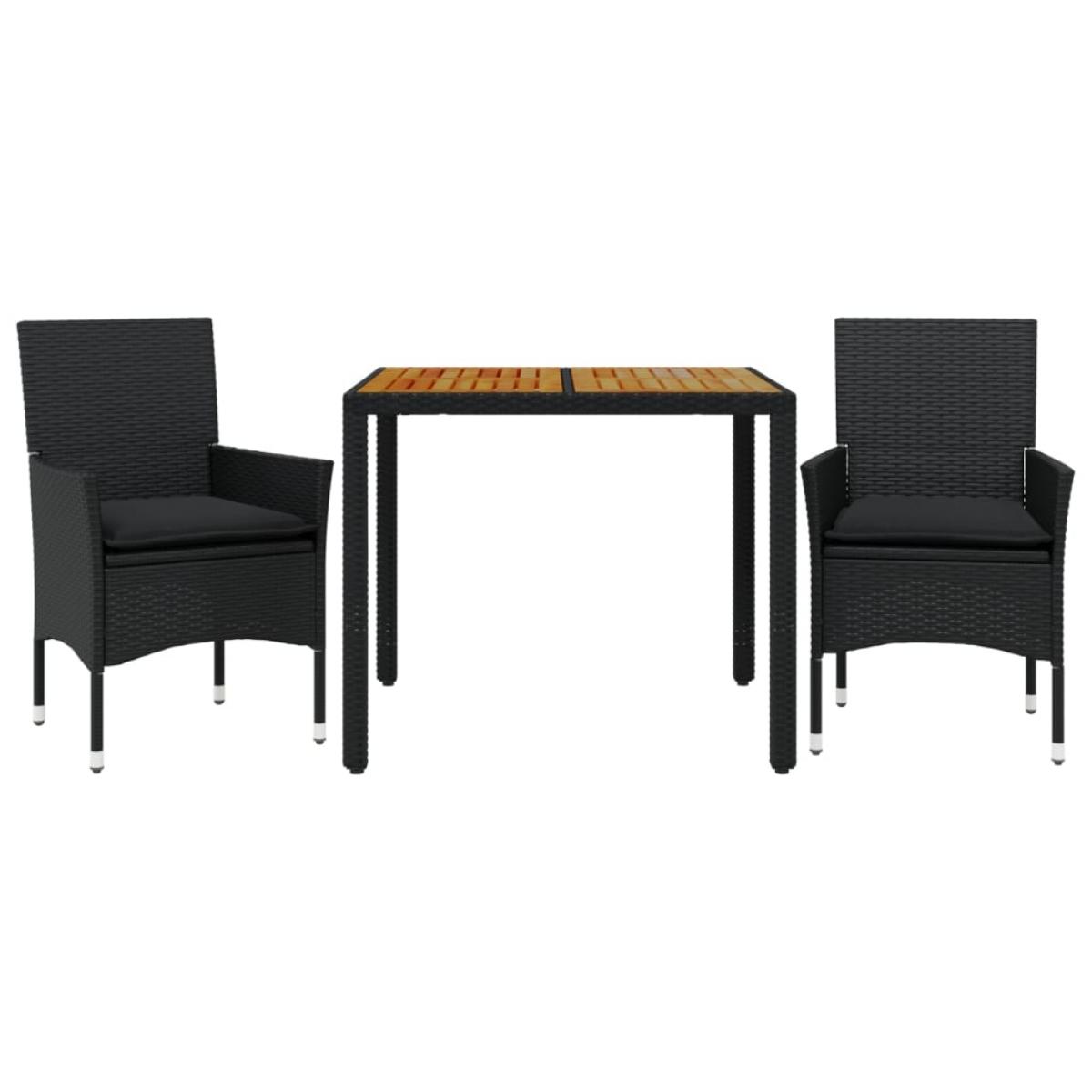 Set de comedor jardín 3 pzas con cojines ratán PE acacia negro