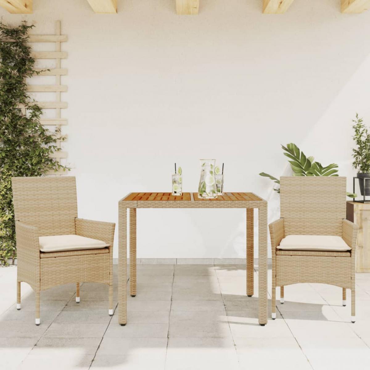 Set de comedor jardín 3 pzas con cojines ratán PE acacia beige