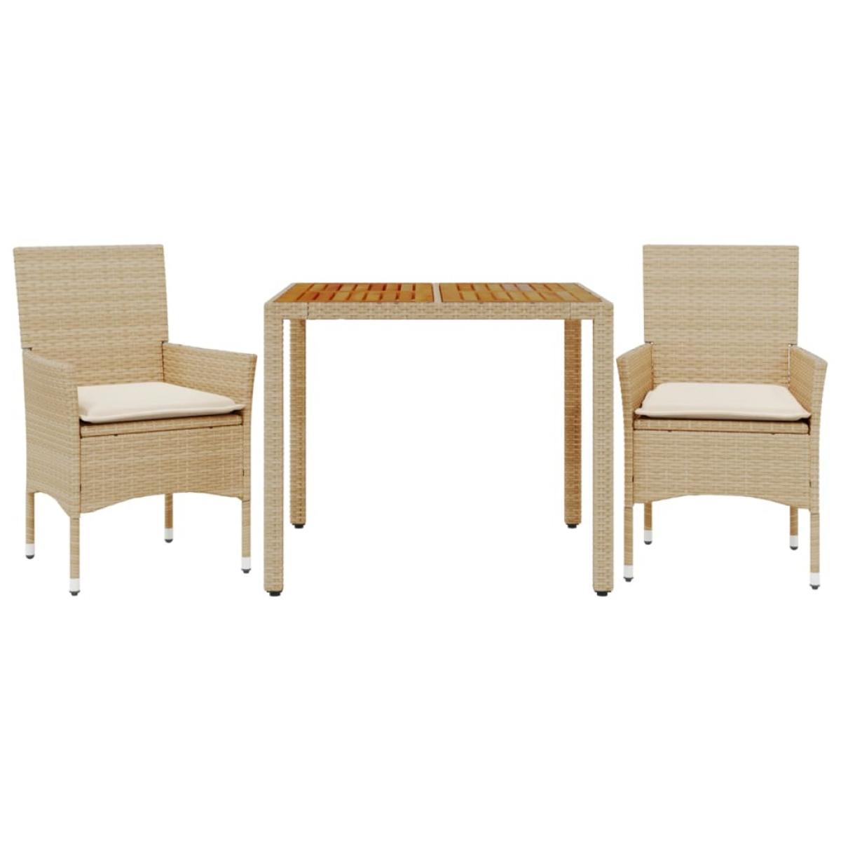 Set de comedor jardín 3 pzas con cojines ratán PE acacia beige