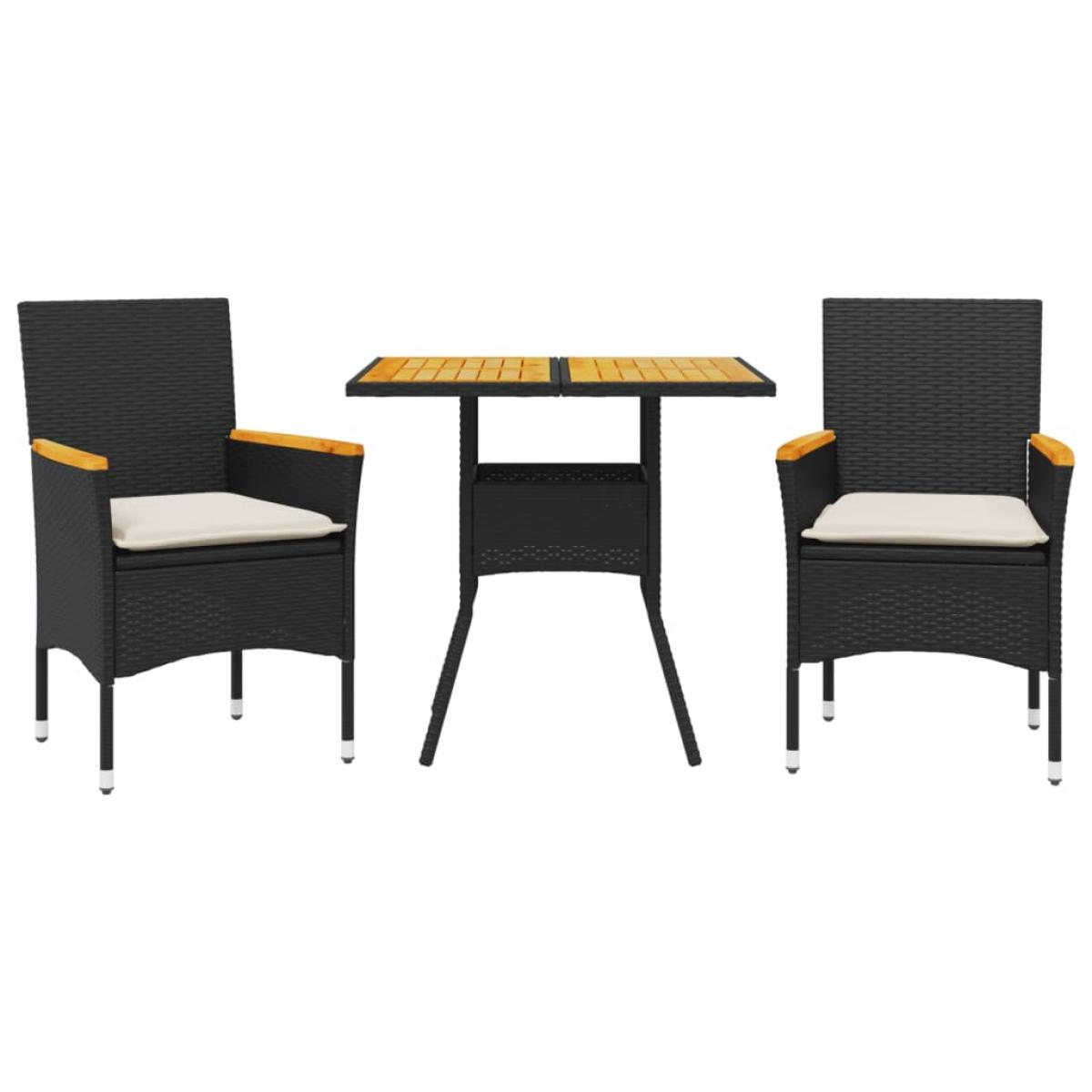 Set de comedor jardín 3 pzas con cojines ratán PE acacia negro