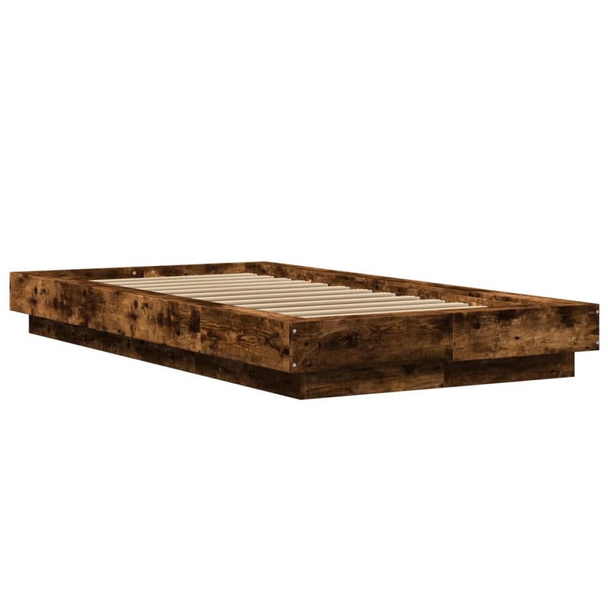 Estructura de cama con luces LED madera roble ahumado 90x200 cm