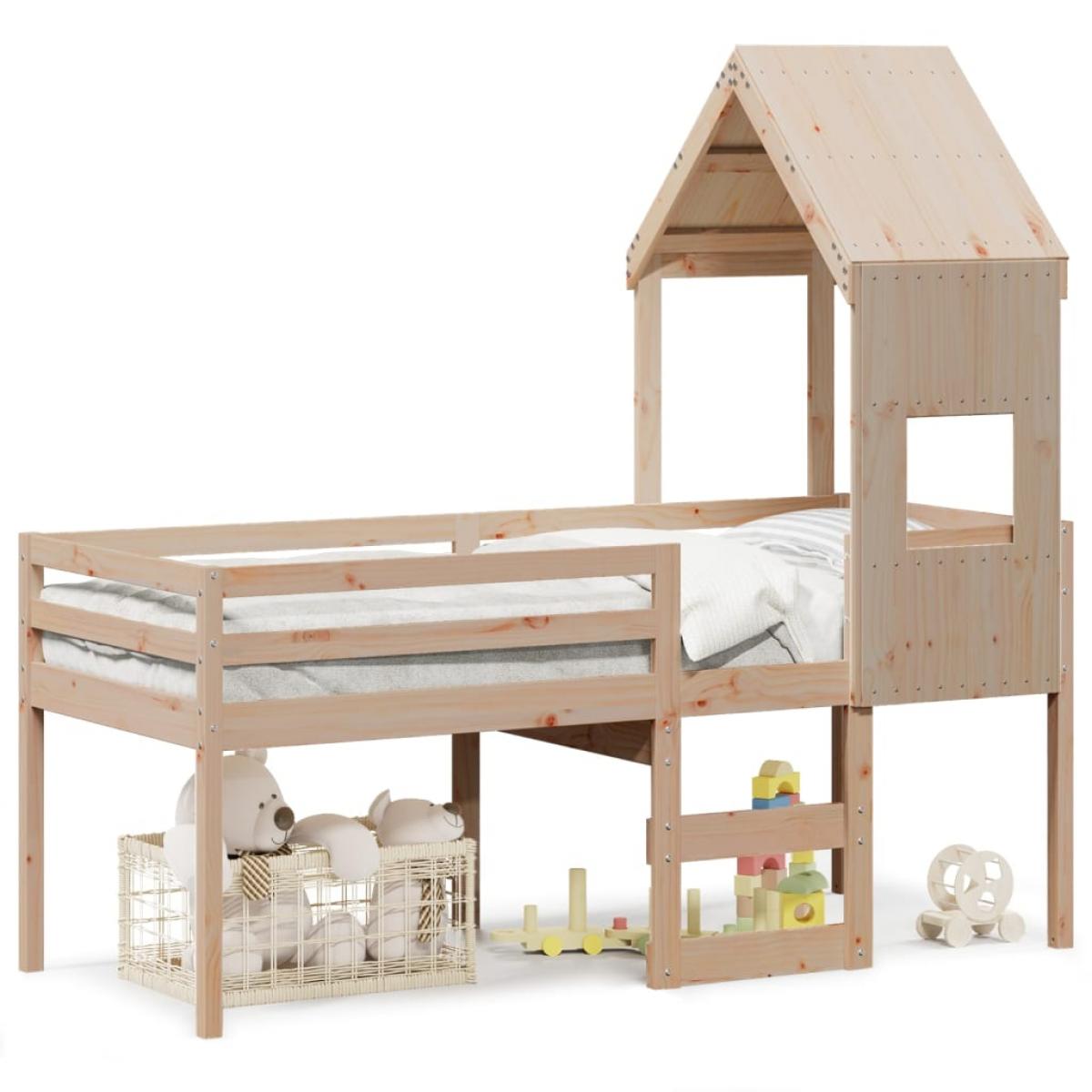 Cama alta con techo madera maciza de pino marrón cera 75x190 cm
