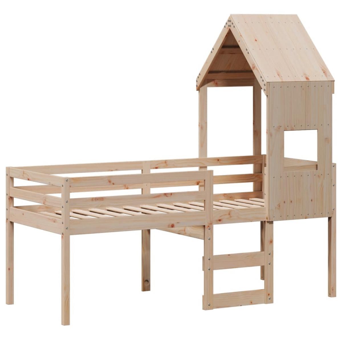 Cama alta con techo madera maciza de pino marrón cera 75x190 cm