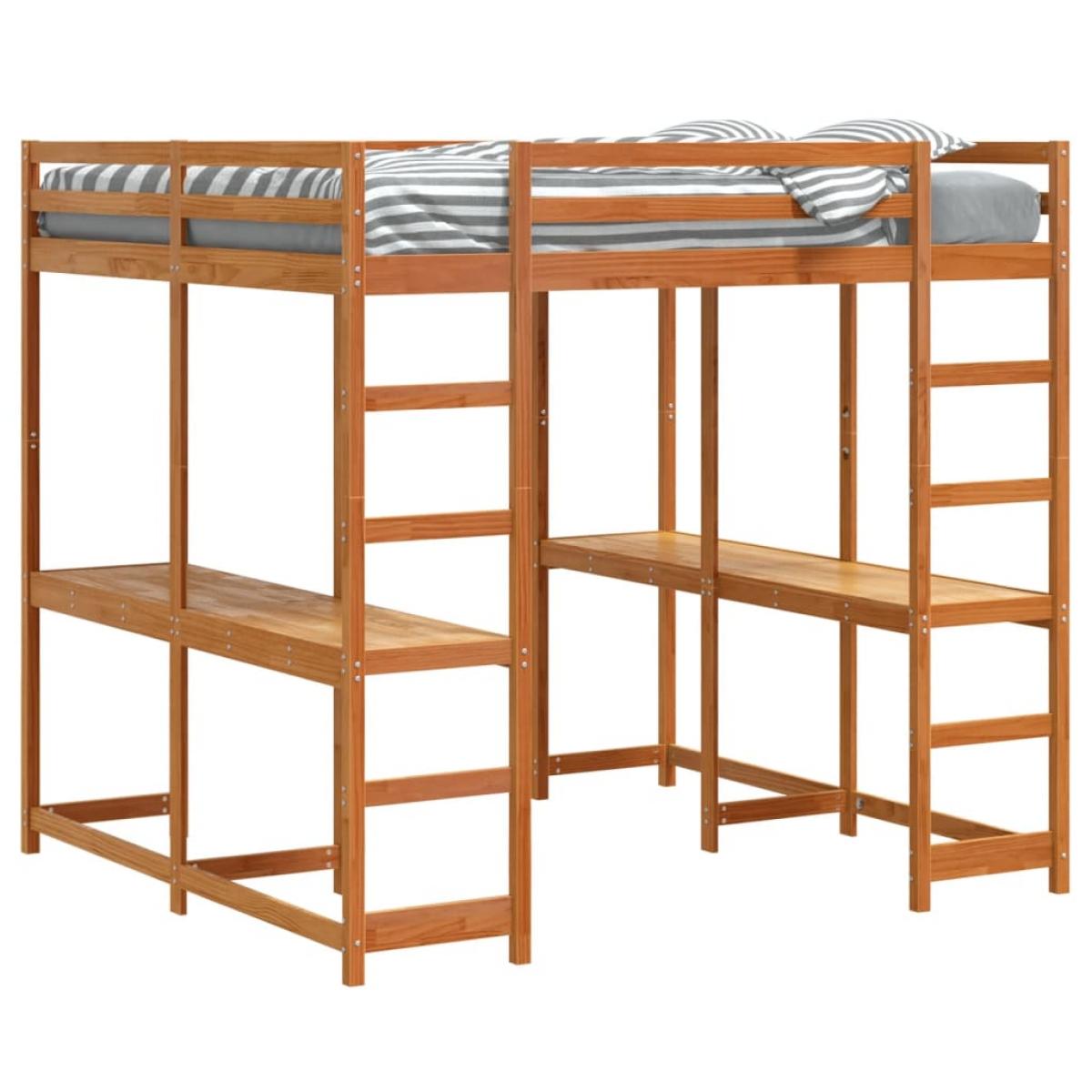 Cama alta con escritorio y escalera madera marrón 180x200 cm