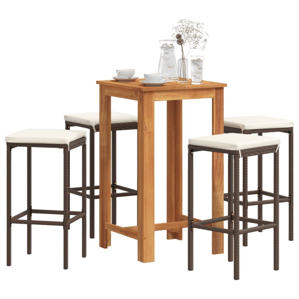Mesa y taburetes de jardín 5 pzas madera acacia ratán PE marrón