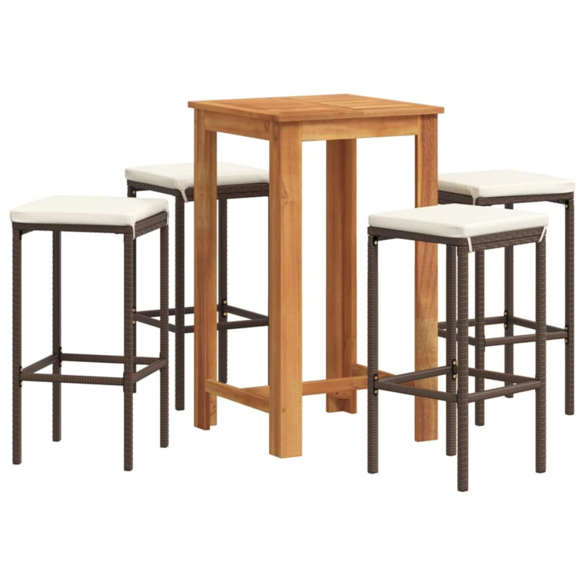 Mesa y taburetes de jardín 5 pzas madera acacia ratán PE marrón