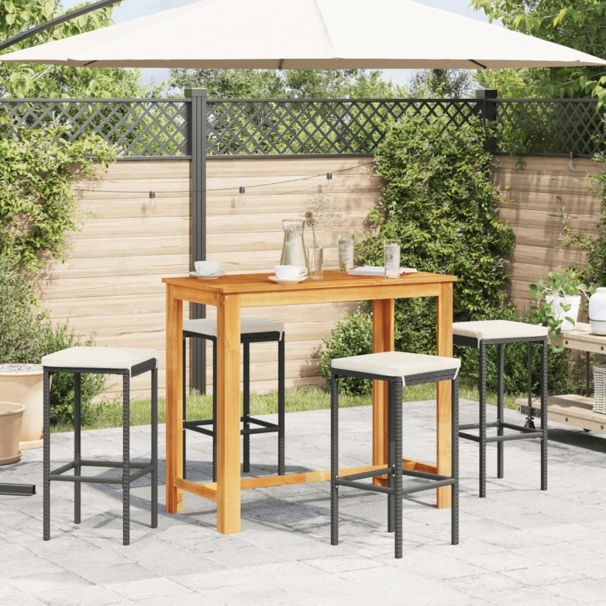 Mesa y taburetes de jardín 5 pzas madera acacia ratán PE negro