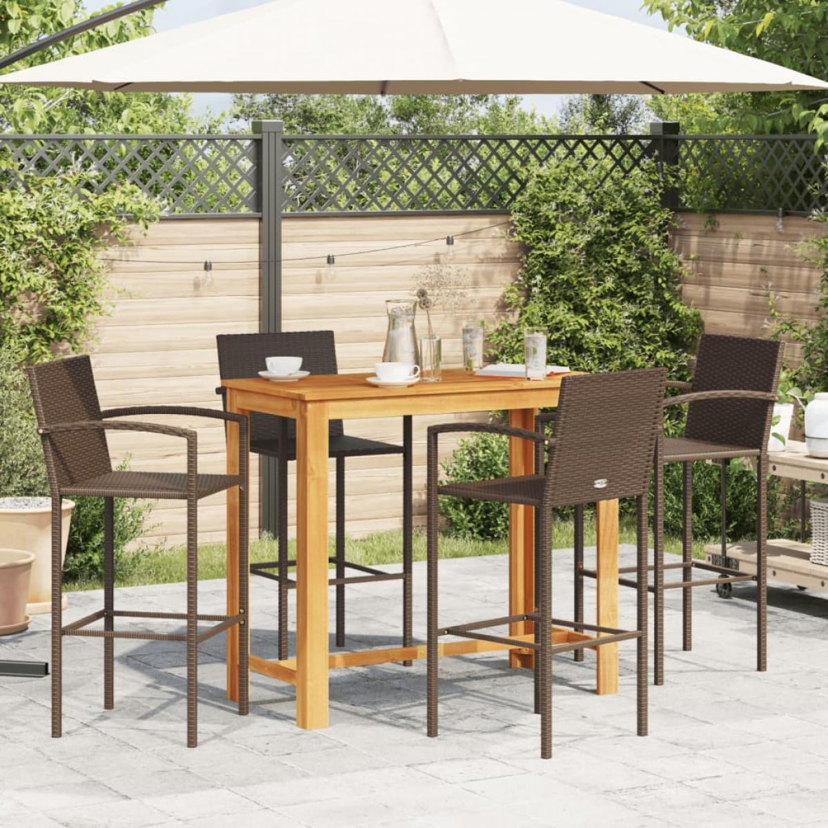 Mesa y taburetes de jardín 5 pzas madera acacia ratán PE marrón