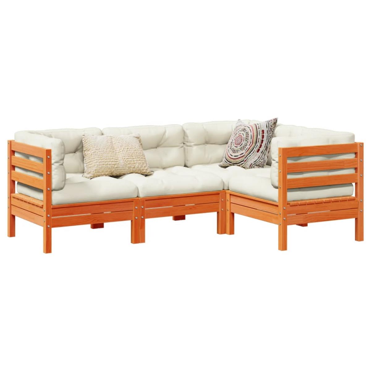 Set de sofás jardín 4 pzas con cojines madera pino marrón cera