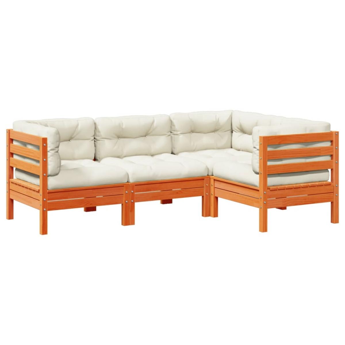 Set de sofás jardín 4 pzas con cojines madera pino marrón cera