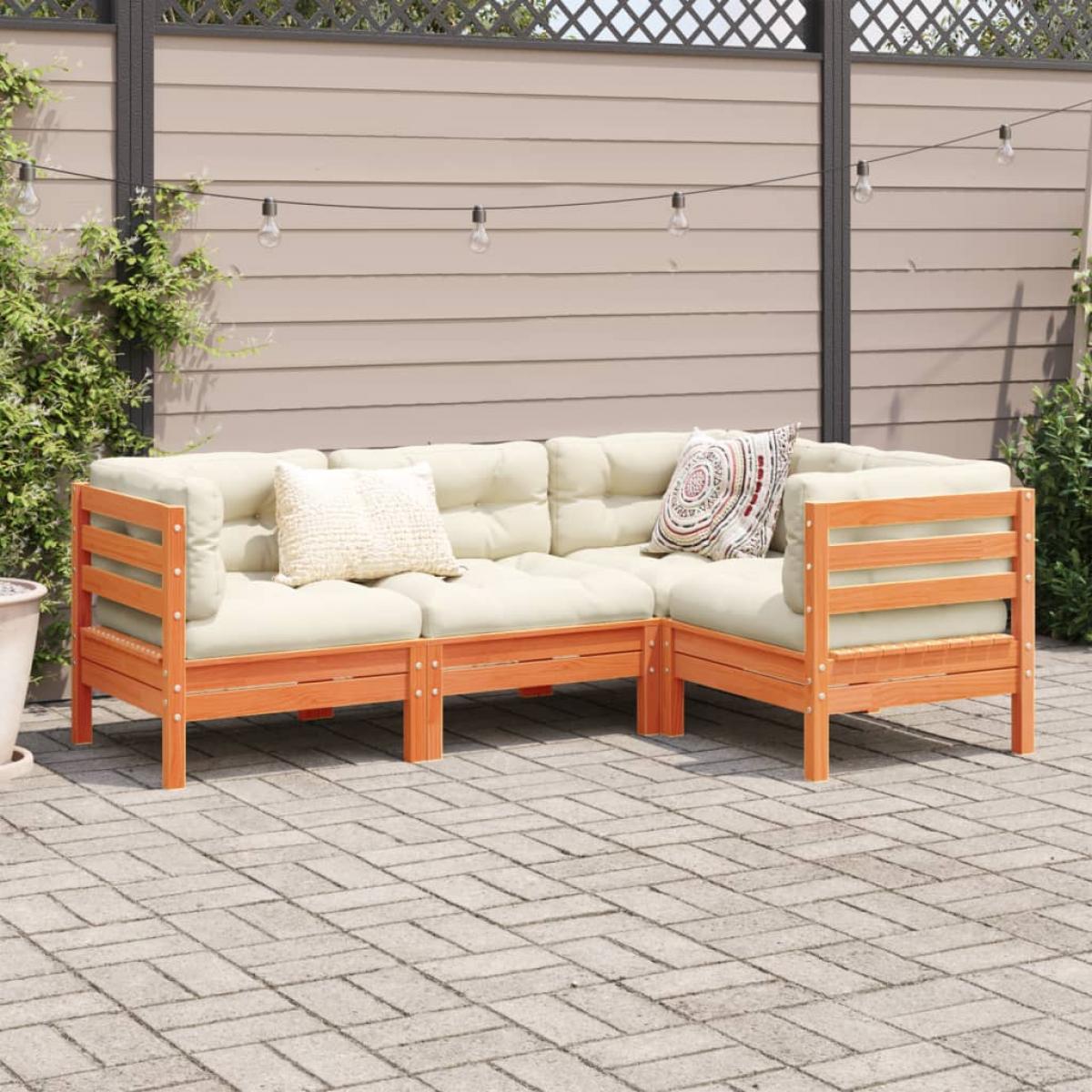 Set de sofás jardín 4 pzas con cojines madera pino marrón cera