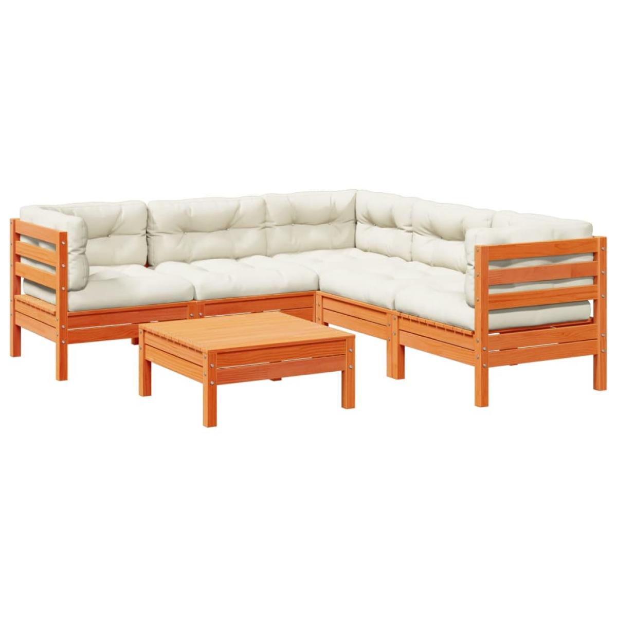 Set de sofás jardín 6 pzas con cojines madera pino marrón cera
