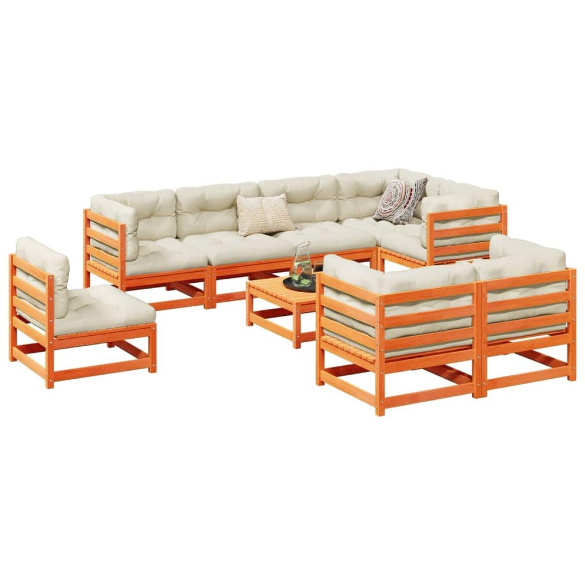 Set de sofás jardín 9 pzas con cojines madera pino marrón cera