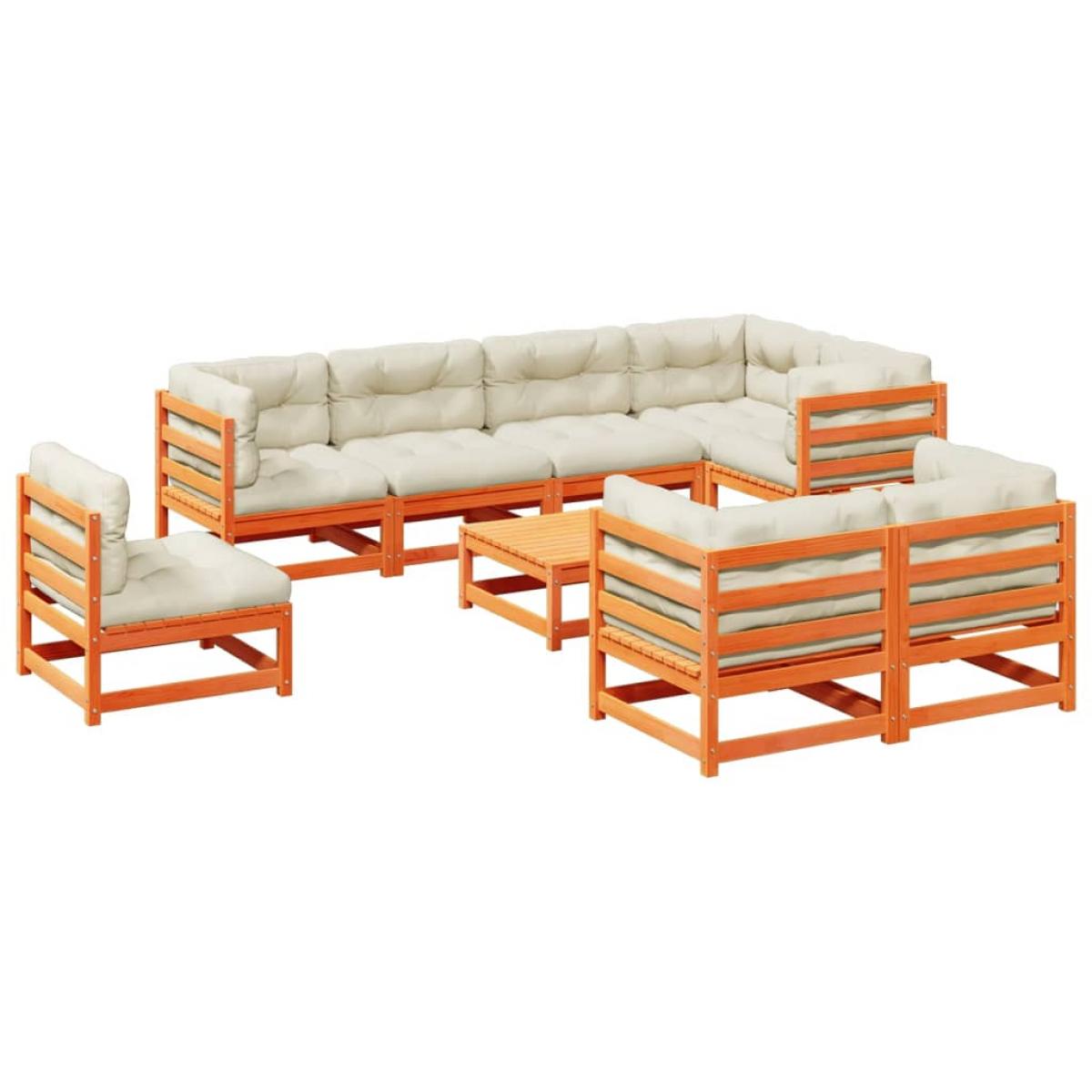 Set de sofás jardín 9 pzas con cojines madera pino marrón cera
