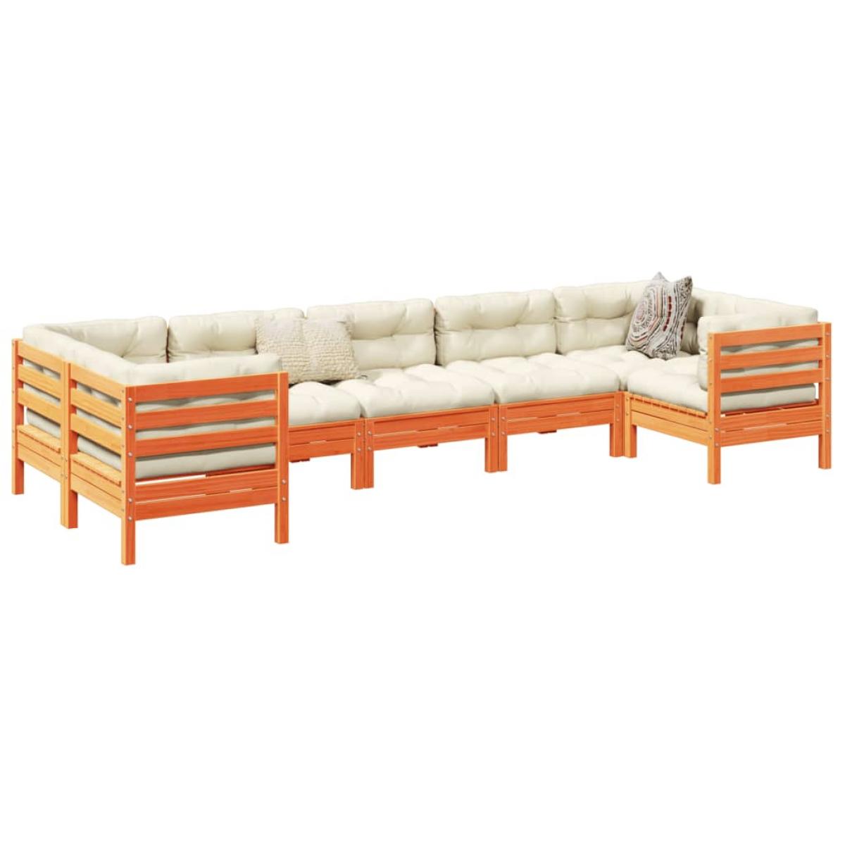 Set de sofás jardín 7 pzas con cojines madera pino marrón cera