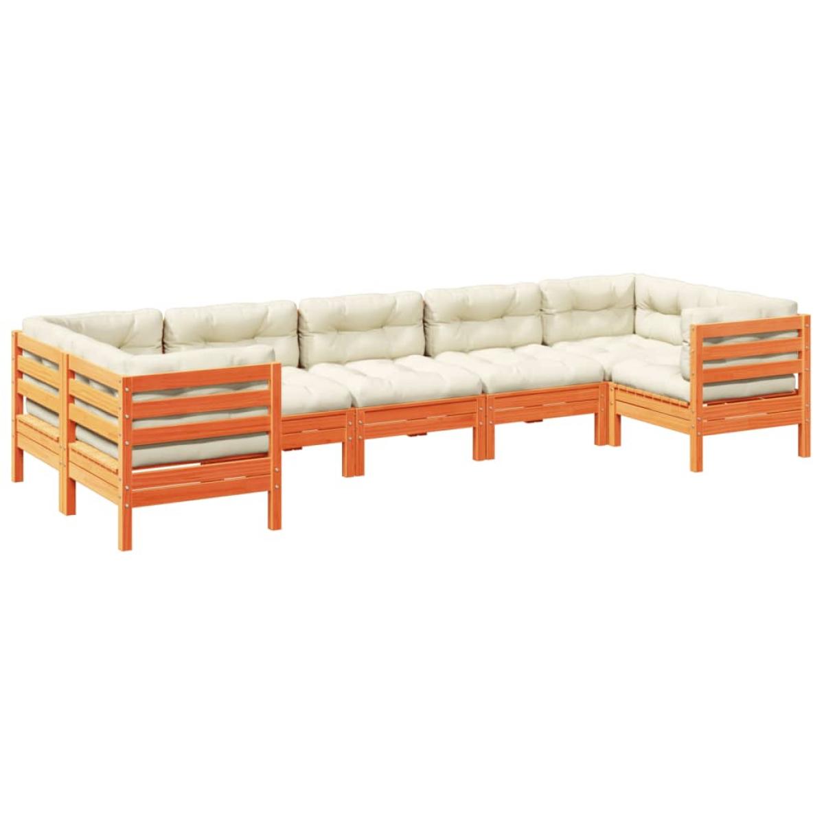 Set de sofás jardín 7 pzas con cojines madera pino marrón cera