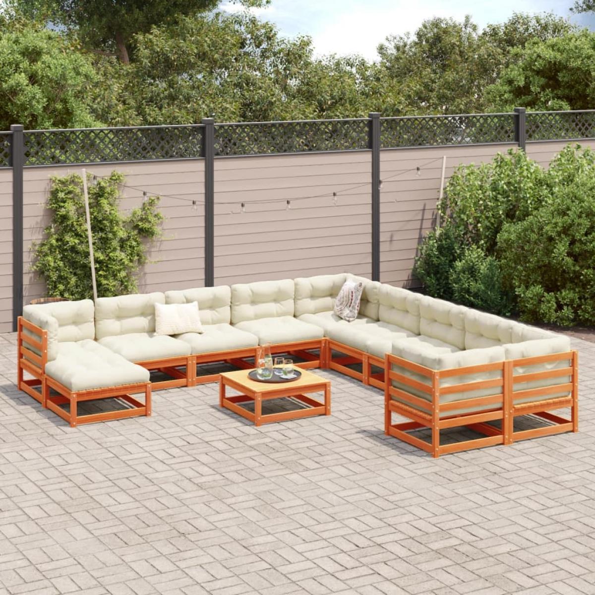 Set de sofás jardín 12 pzas con cojines madera pino marrón cera