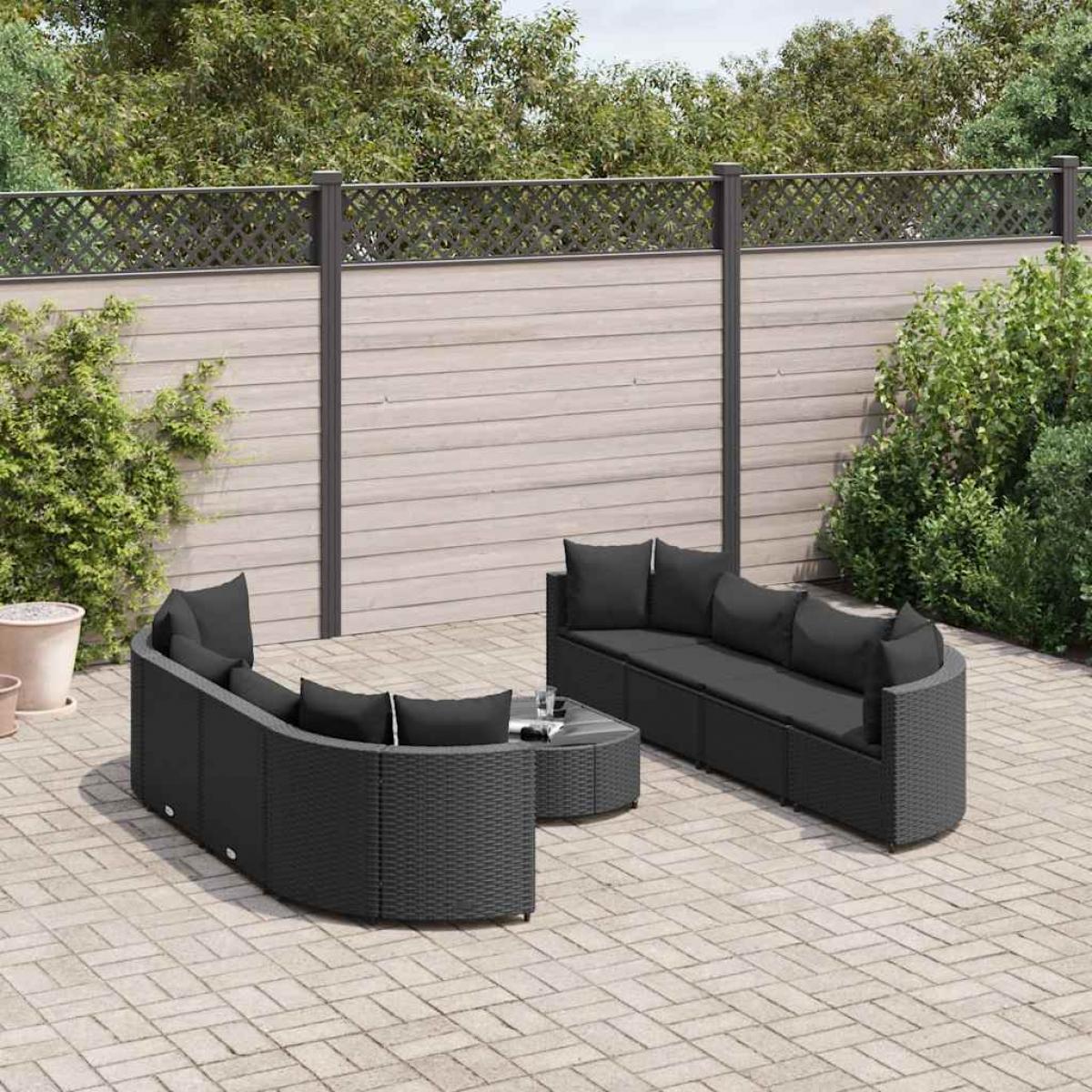 Set de sofás de jardín con cojines 9 pzas ratán sintético negro