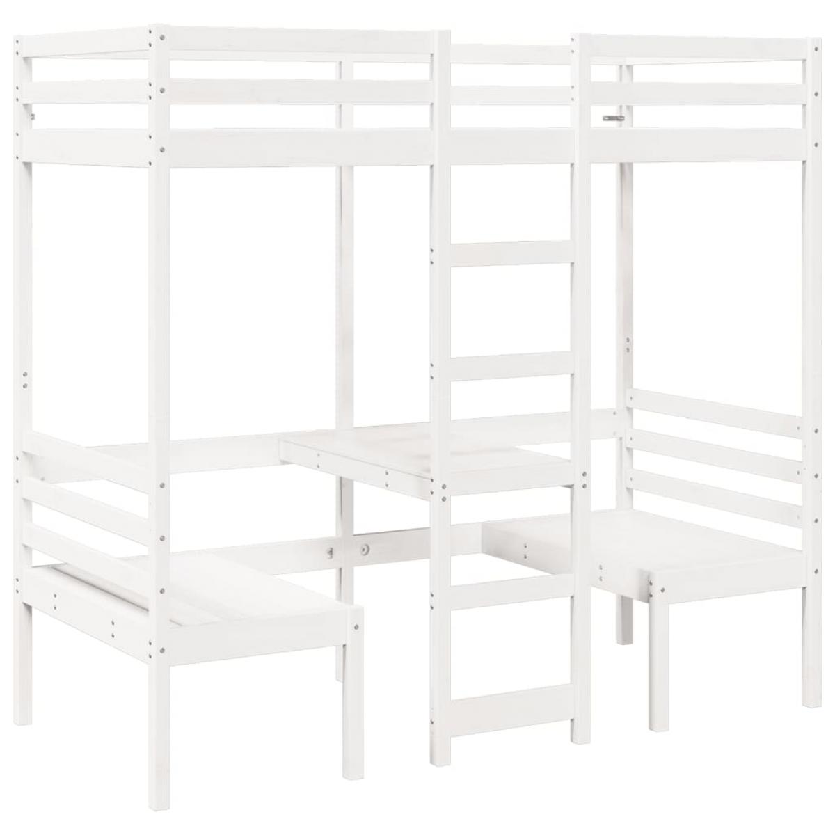 Cama alta escritorio y asientos madera maciza blanco 90x190 cm