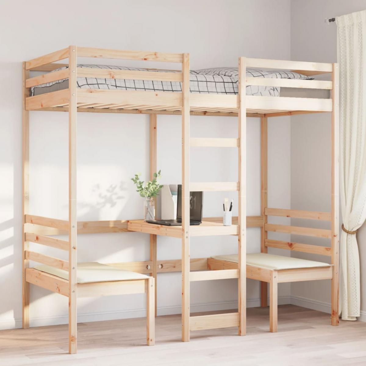 Cama alta con escritorio y asientos madera maciza 75x190 cm