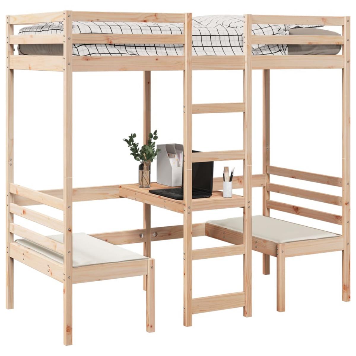 Cama alta con escritorio y asientos madera maciza 75x190 cm