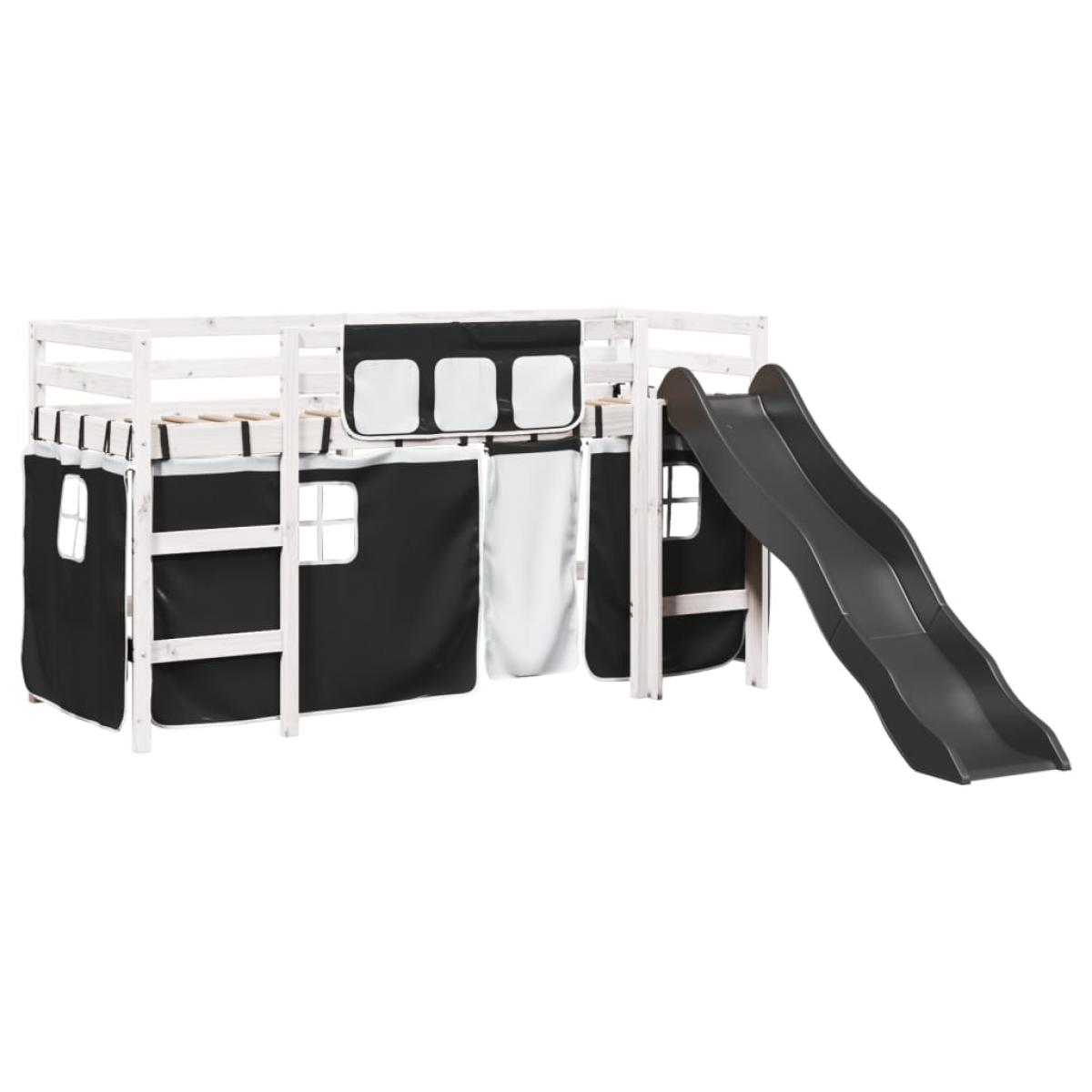 Cama alta niños con cortinas madera pino blanco negro 80x200 cm
