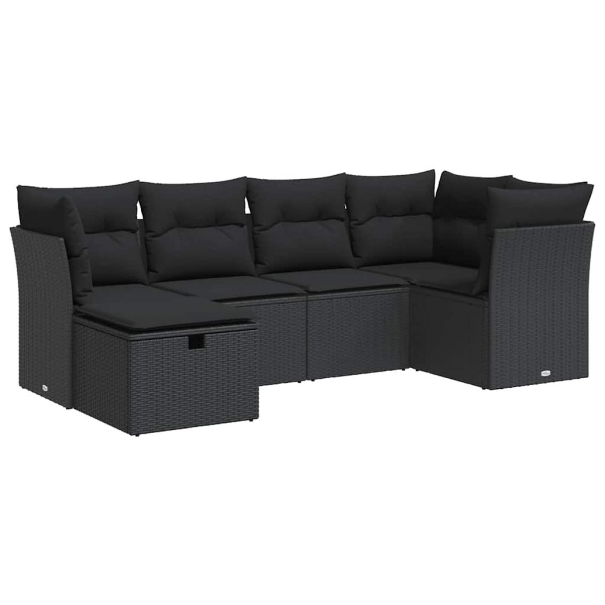 Set de sofás de jardín 6 piezas y cojines ratán sintético negro