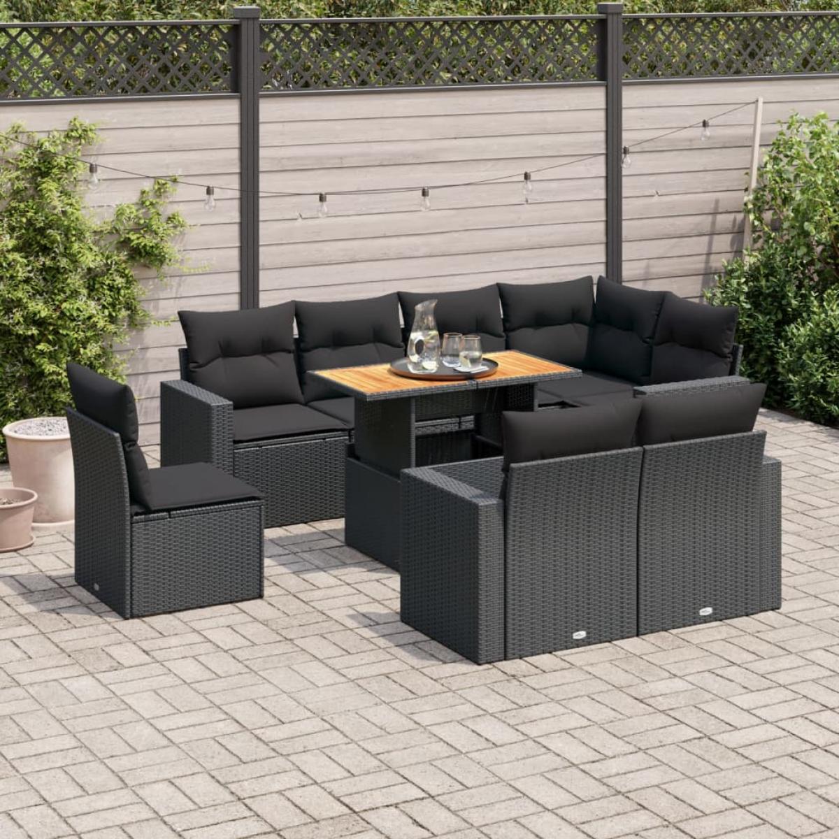 Set de sofás de jardín con cojines 9 pzas ratán sintético negro