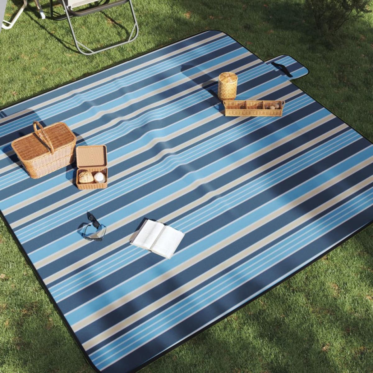 Manta de picnic plegable terciopelo rayas azul blanco 200x200cm