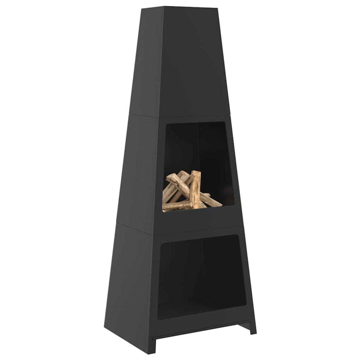 Chimenea de exterior con leñero y diseño de torre acero negro