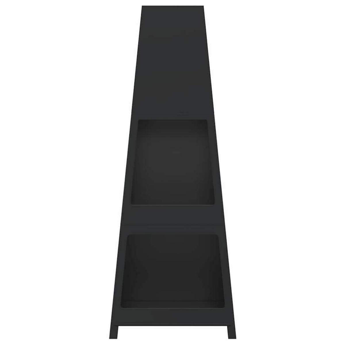 Chimenea de exterior con leñero y diseño de torre acero negro