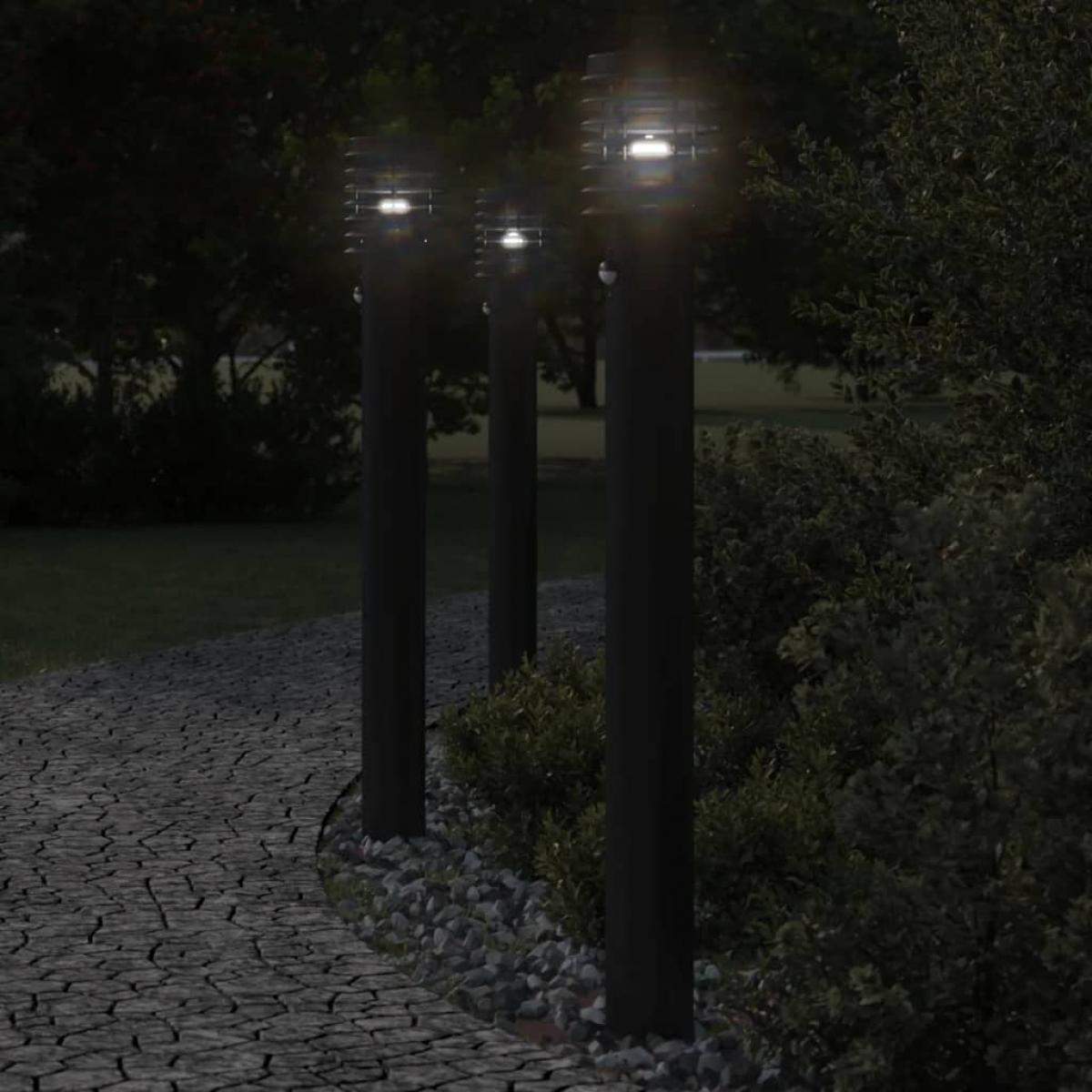 Lámparas de suelo exterior con sensor 3 uds acero negro 110 cm