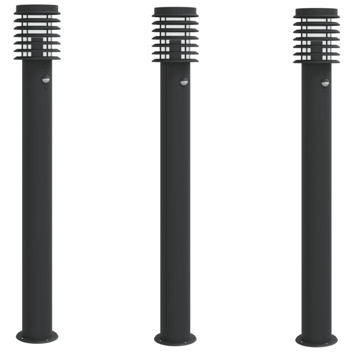 Lámparas de suelo exterior con sensor 3 uds acero negro 110 cm