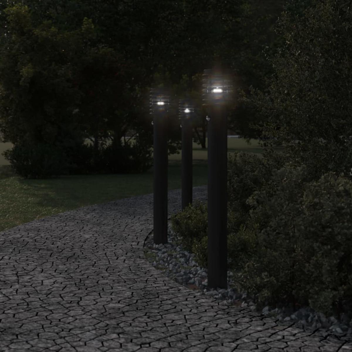 Lámparas de suelo exterior con sensor 3 uds acero negro 110 cm