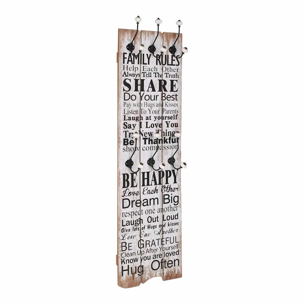 Perchero de pared FAMILY RULES con 6 ganchos 120x40 cm